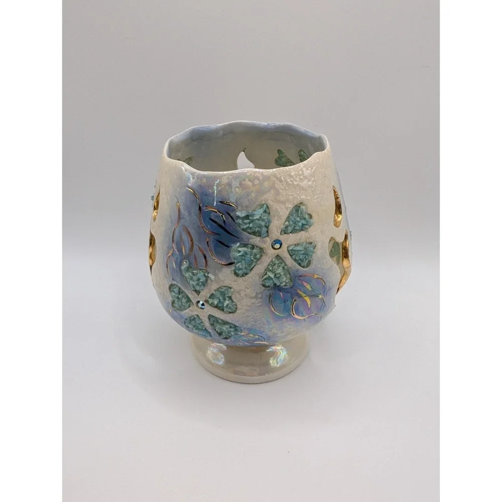 Iridescent Ceramic Tealight Candle Holder Blue Floral Rhinestone Pedestal Decor
